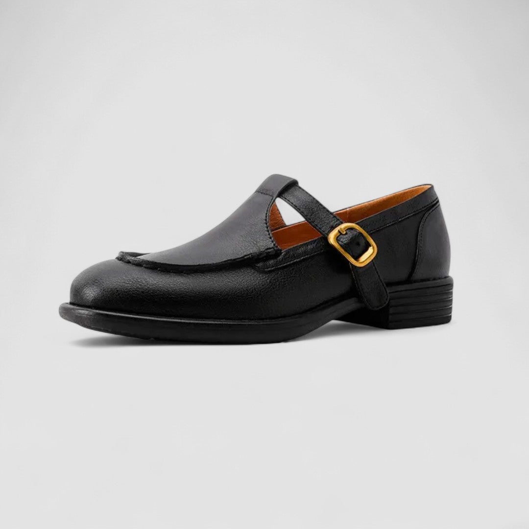 Pair of Florimay Carla Mary Jane shoes in black and brown side by side for color comparison