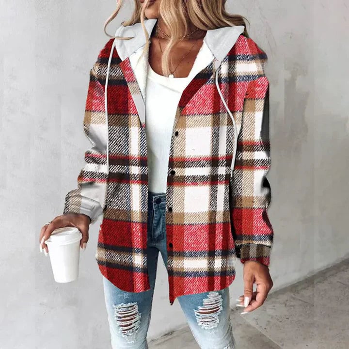 Front view of women's checkered cardigan in black showing full length and sleeve detail