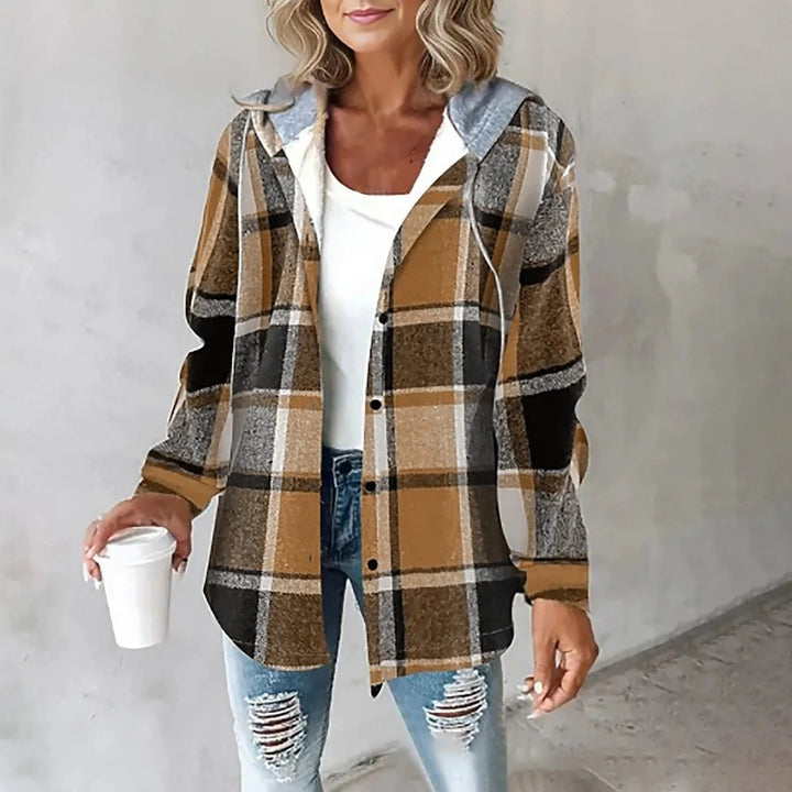 Checkered cardigan displayed flat showing lining and texture detail