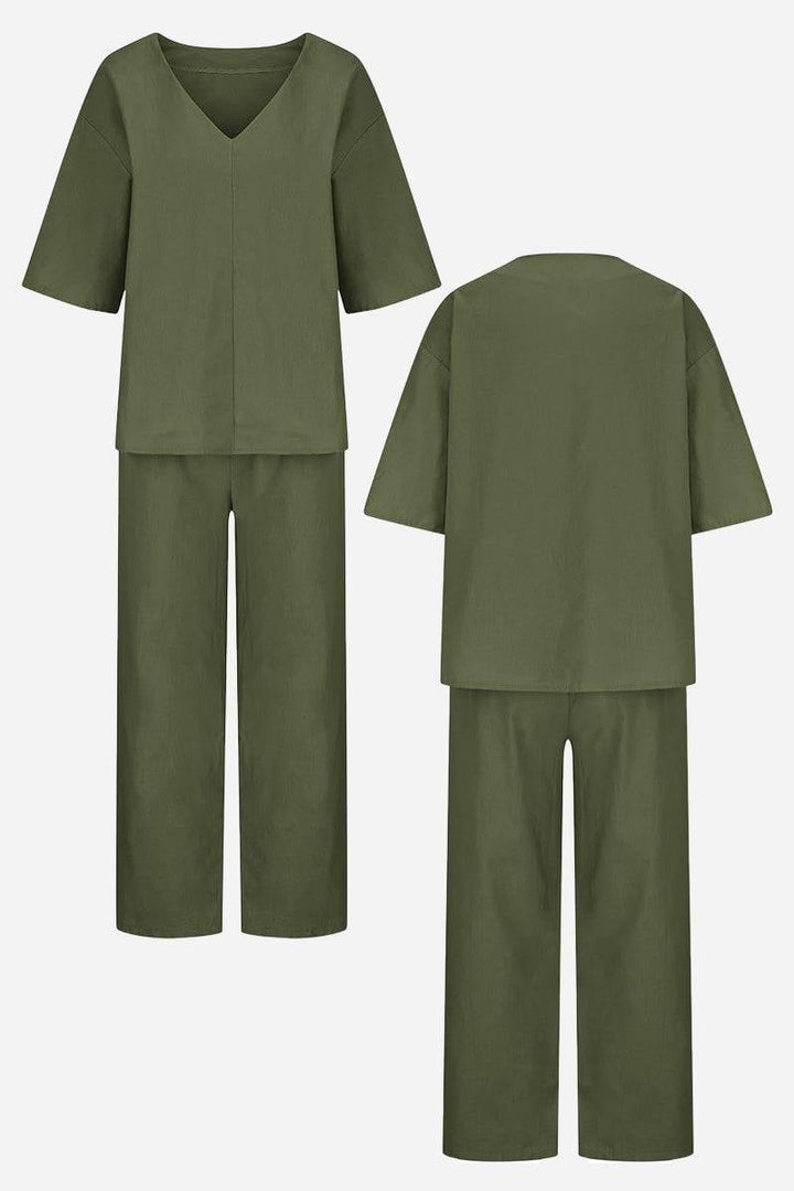 Full-length front view of the Carmen matching set in gray with straight-leg pants