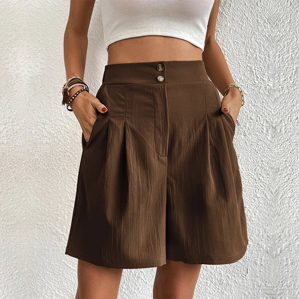 Front view of women's casual shorts styled with a simple tee
