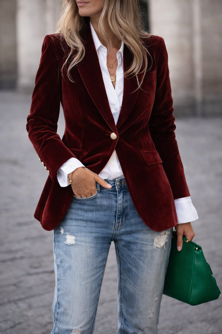 Model in a red velvet blazer styled with tailored trousers for a polished look