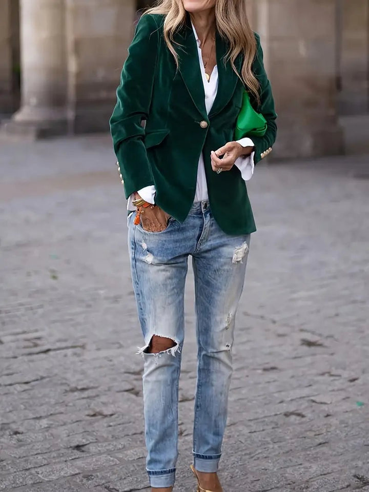 Florimay elegant velvet blazer in black displayed flat on a neutral background