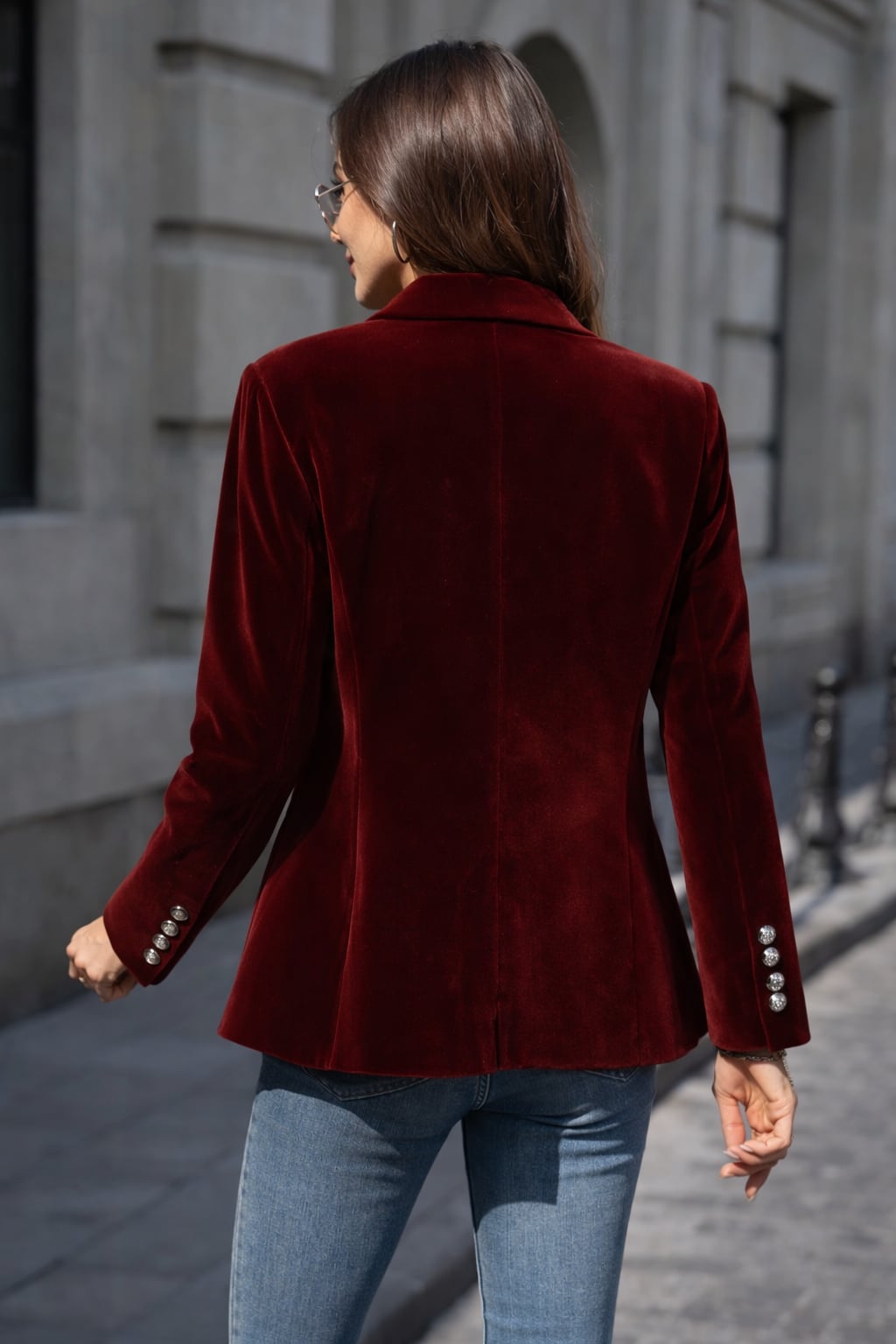 Blue velvet blazer and matching coordinated outfit on a female model