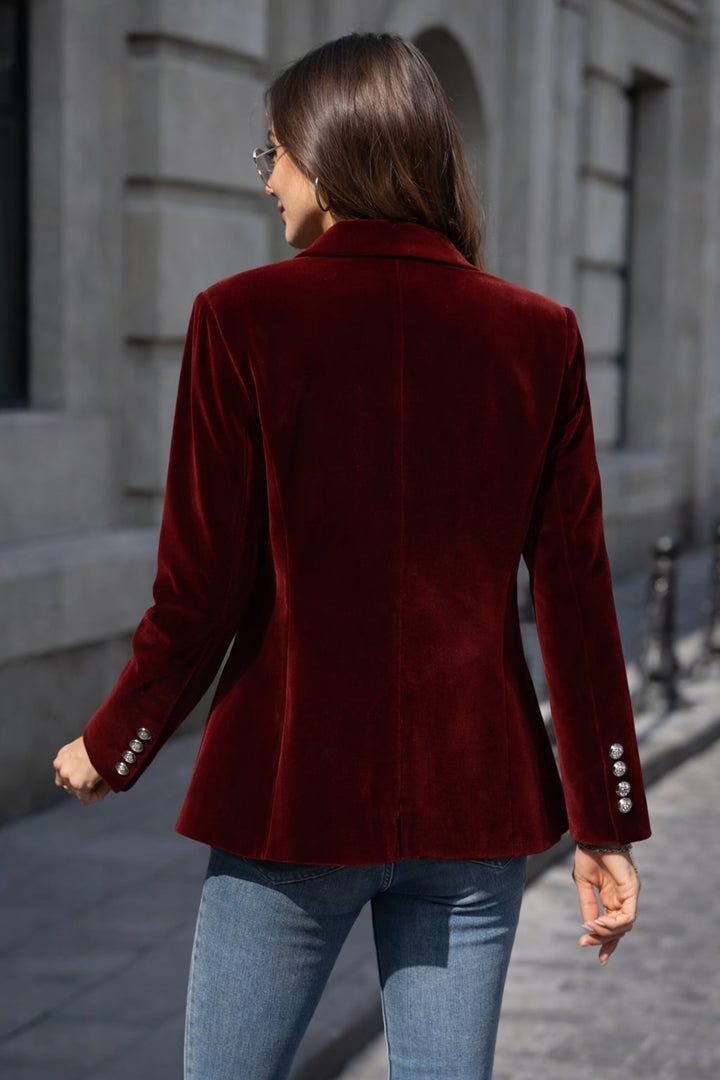 Blue velvet blazer and matching coordinated outfit on a female model