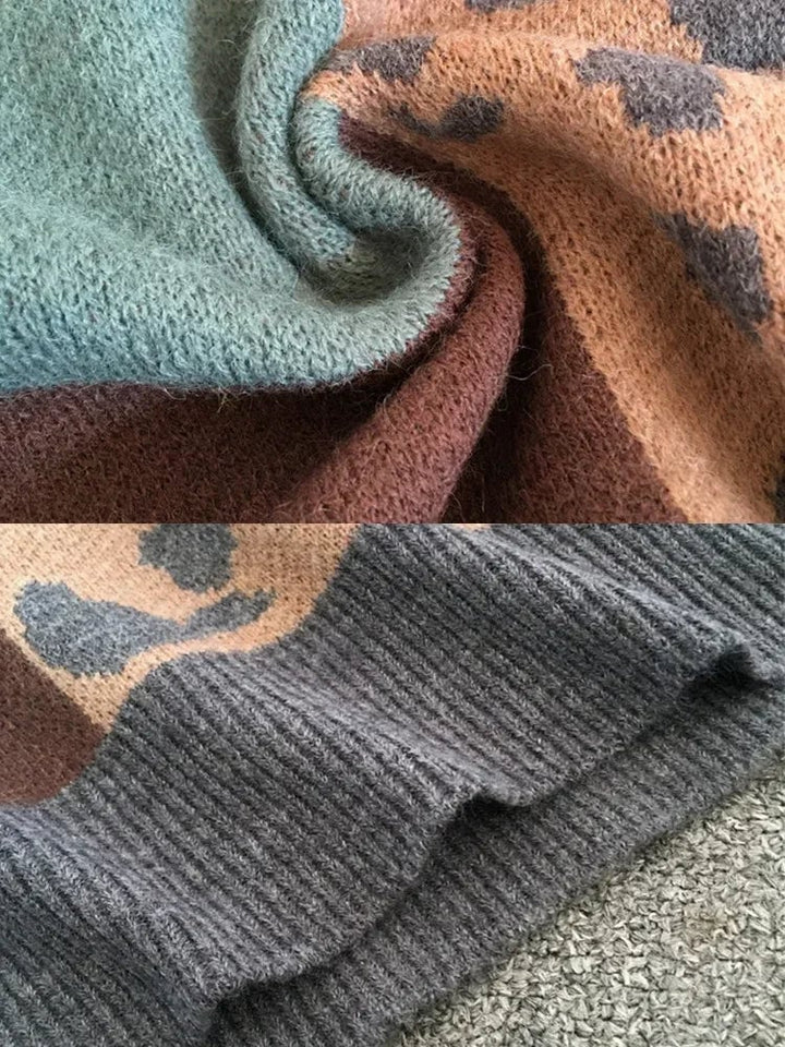 Flat lay of the Caroline sweater in all four colorways: black, brown, gray, and black with yellow