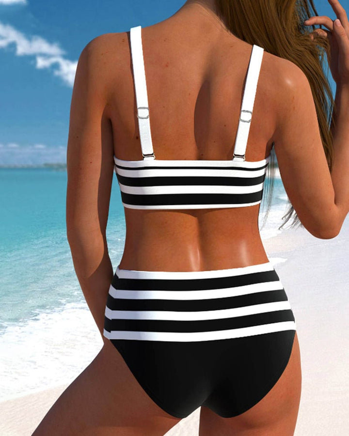 Back view of Caroline high waist striped bikini set in black showing full coverage bottom