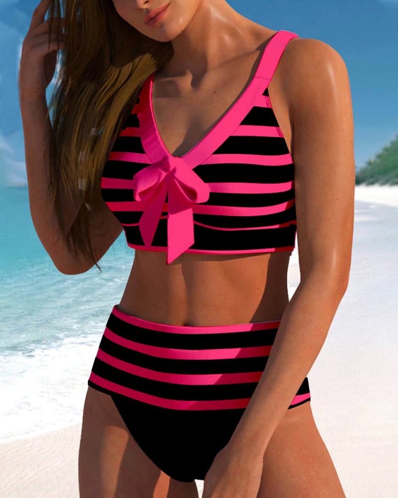 Back view of Caroline high waist striped bikini set in pink