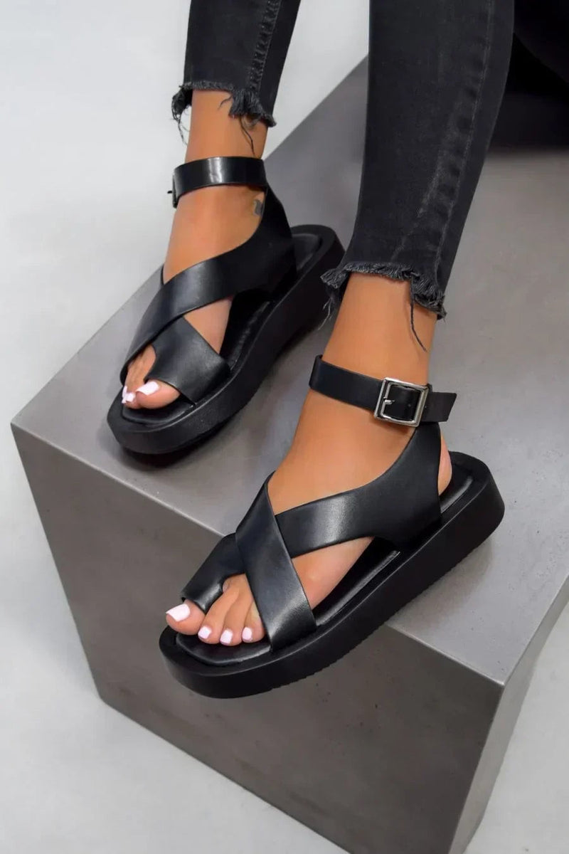 Caroline women's platform buckle sandals in orange, front three-quarter view