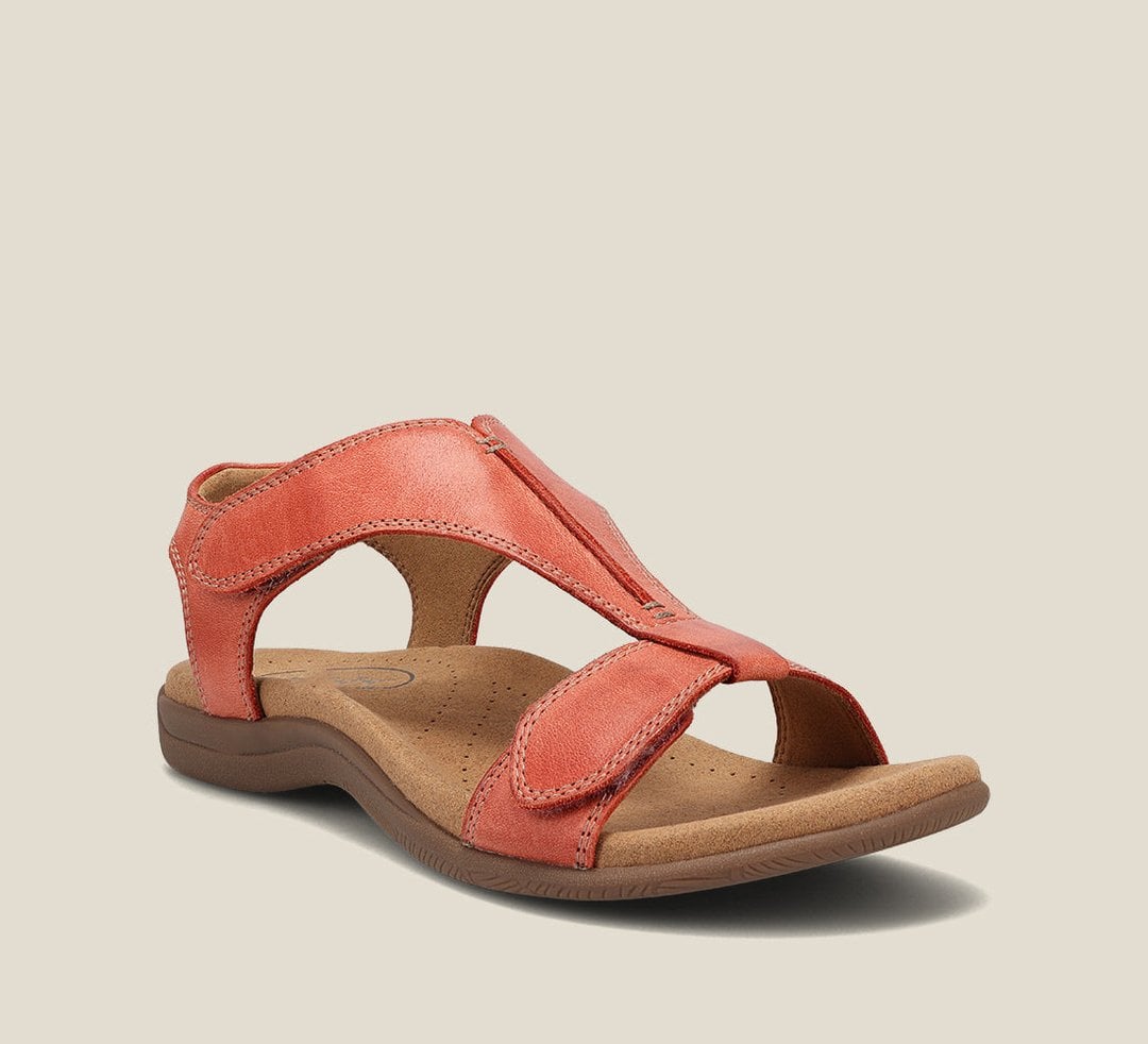 Carolyn orthopedic vegan leather T-strap sandal in orange with cushioned memory foam footbed on white background