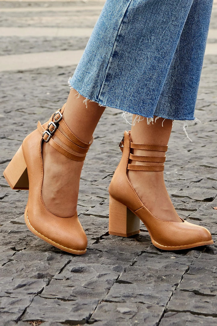 Casilda smooth ankle strap block heel sandal in brown, side view on white background