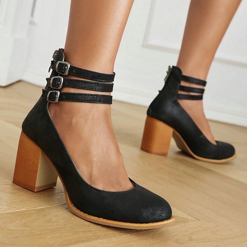 Casilda block heel sandal in black with adjustable ankle strap, front angle view