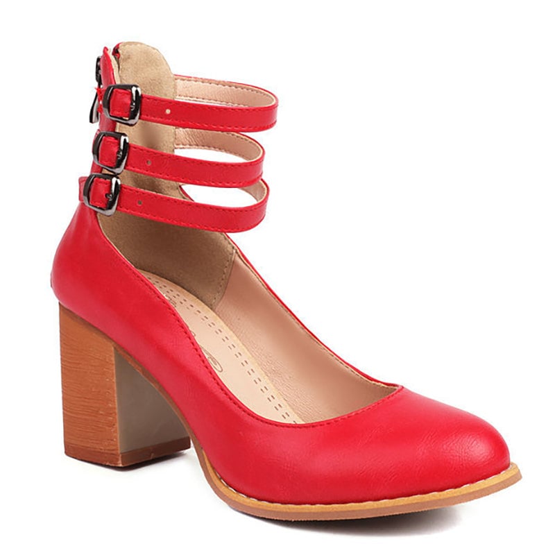 Casilda ankle strap block heel sandal in red, three-quarter angle view