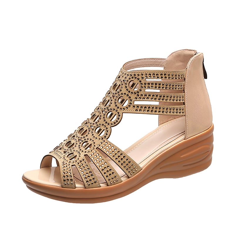 Cassandra women's sandals in beige styled with a light summer outfit, side profile view