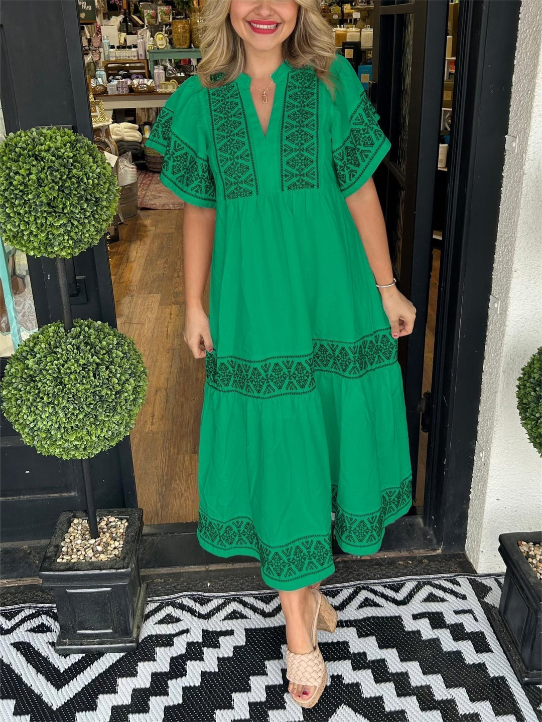 Back view of the Cassandra boho loose fit dress in green