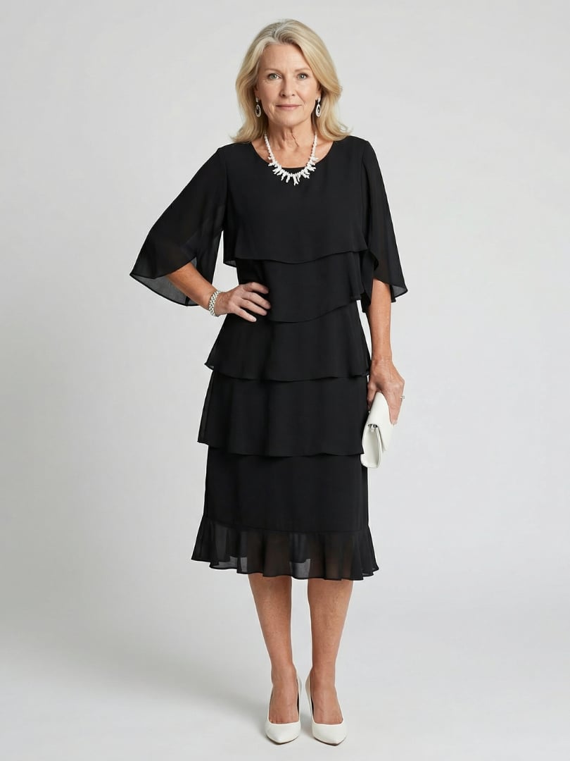 Woman wearing a black tiered flutter sleeve midi dress with a round neckline, flowing layered skirt falls between knee and ankle