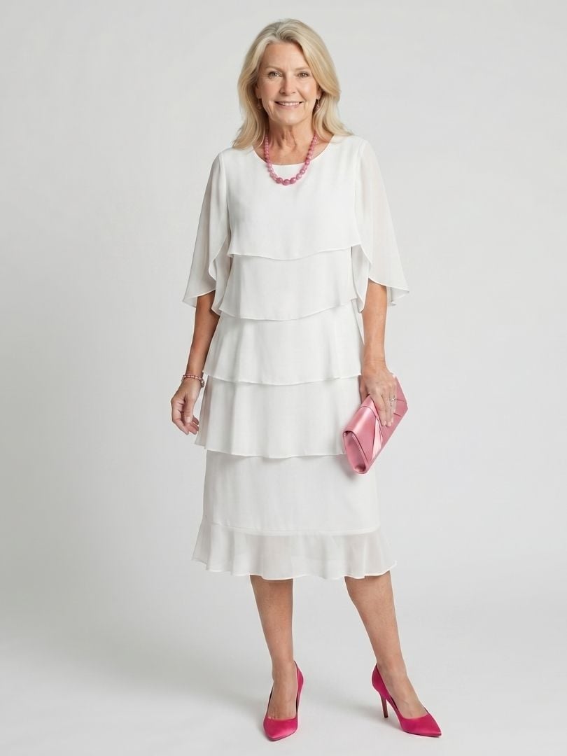 Close-up of flutter sleeve and neckline detail on the Cassia dress in light blue