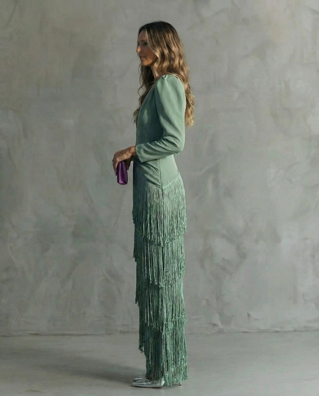 Cassiopeia fringe maxi dress in pink, full-length side view highlighting maxi silhouette