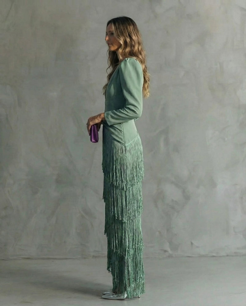Cassiopeia fringe maxi dress in pink, full-length side view highlighting maxi silhouette