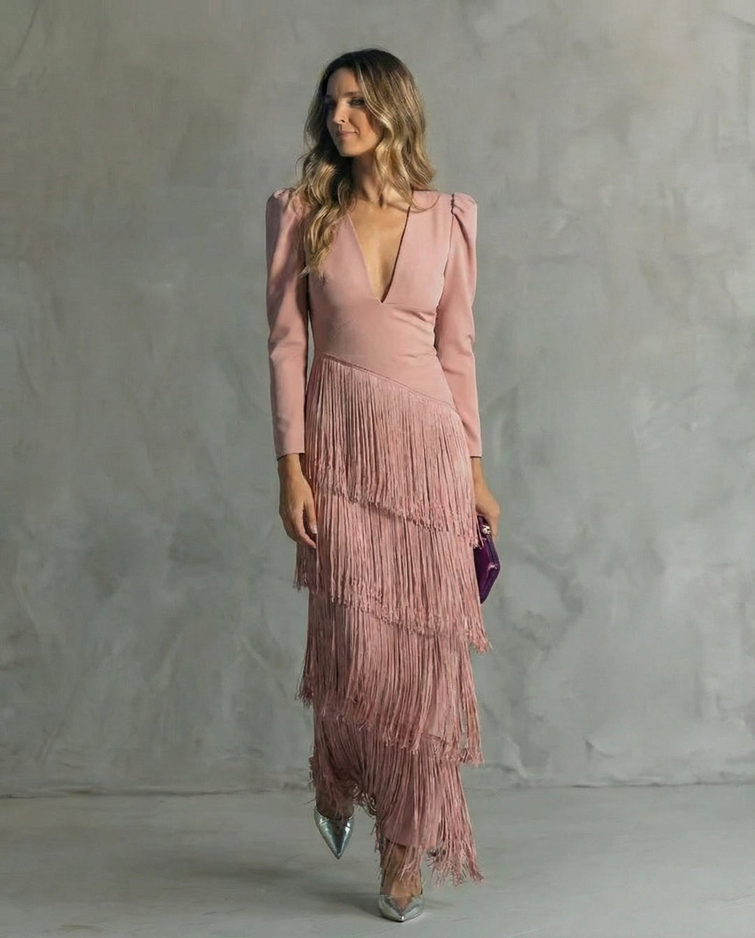 Cassiopeia fringe maxi dress in pink styled with heels for a formal evening look