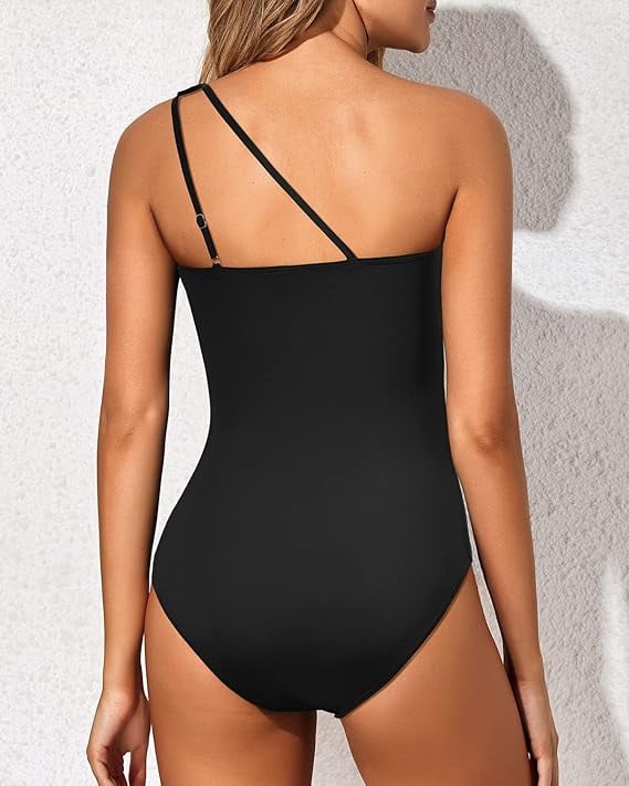 Back view of Catalina fuchsia one-shoulder swimsuit showing clean cut design
