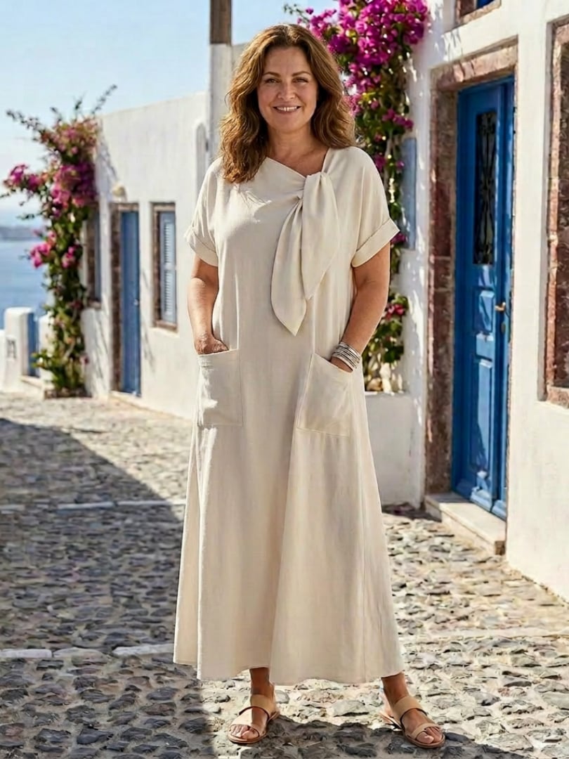 Woman wearing the Catalina round neck pocket maxi dress in beige with tie detail at the neckline