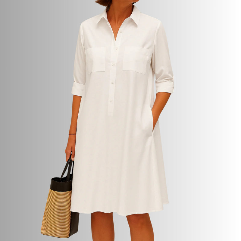 Close-up of the chic front button detail and modern collar on the lightweight A-line button dress