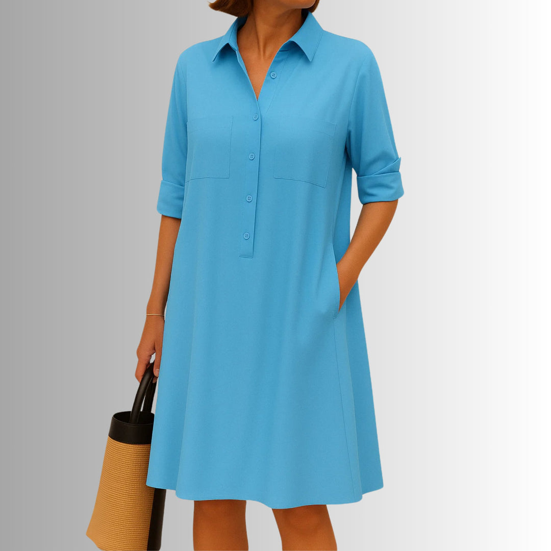 Collage showing the lightweight button dress styled in multiple colors including deep pink, red, and black