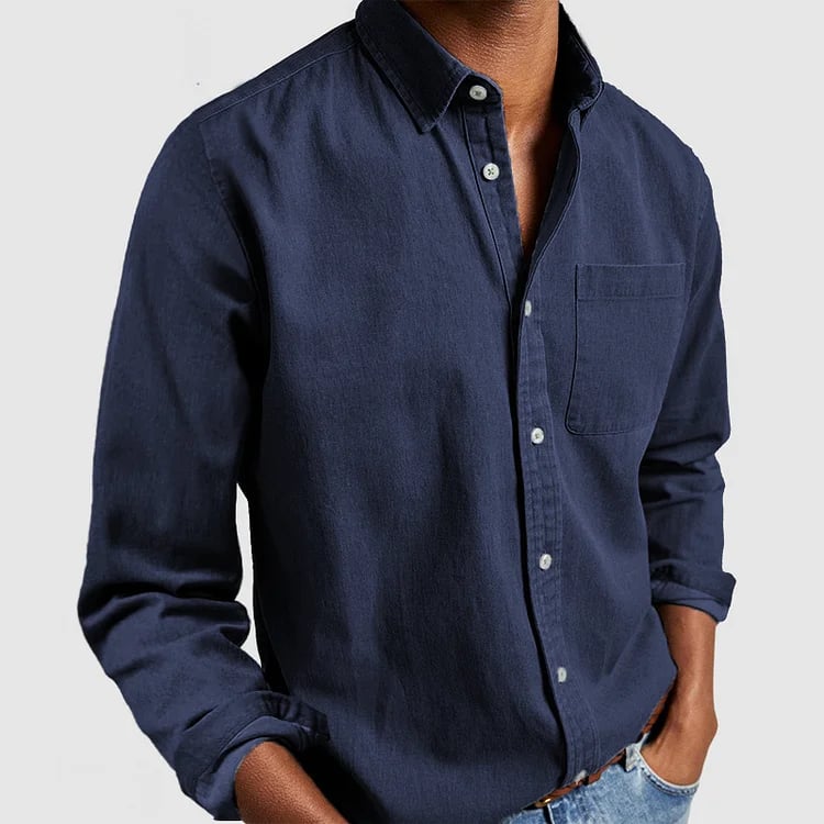 Military shirt in marine blue with a relaxed tailored fit, front view