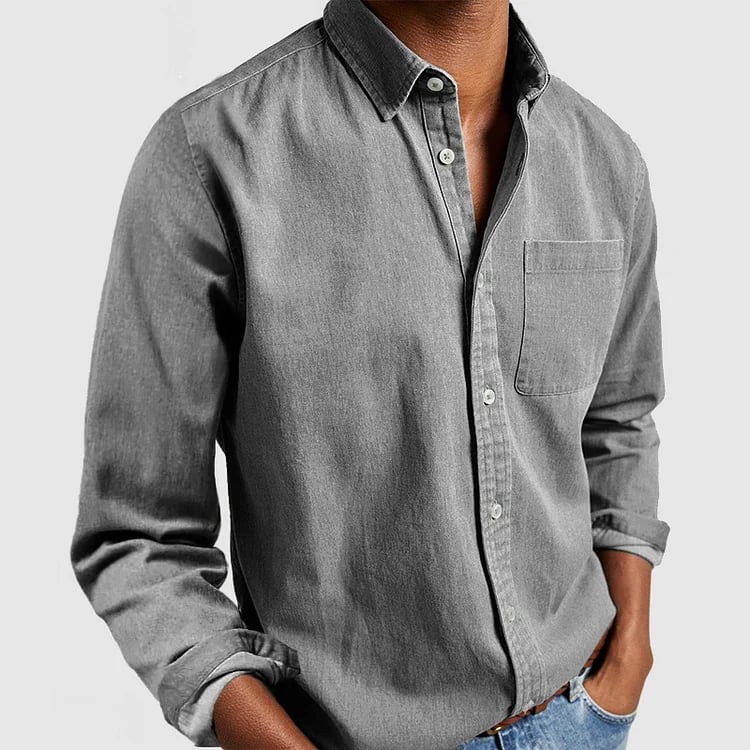 Military shirt in khaki color, front view on model