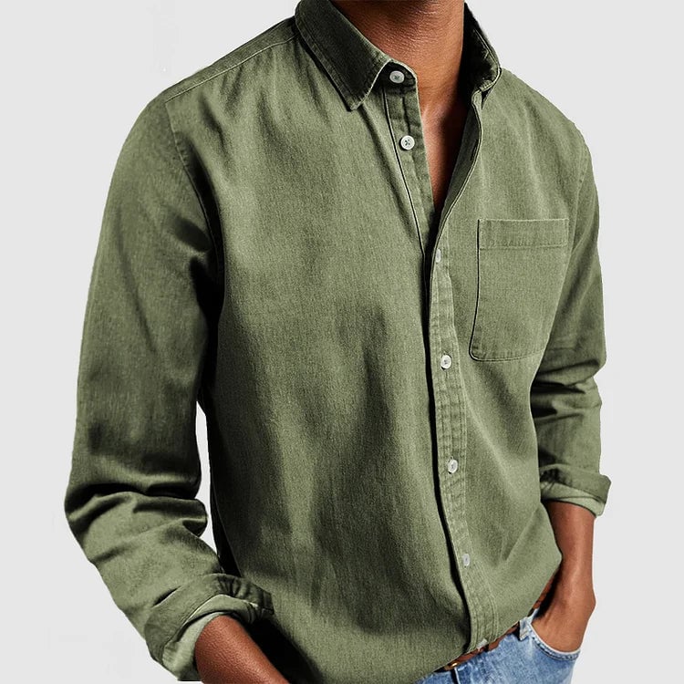 Military shirt in grey, front view showing collar and button placket