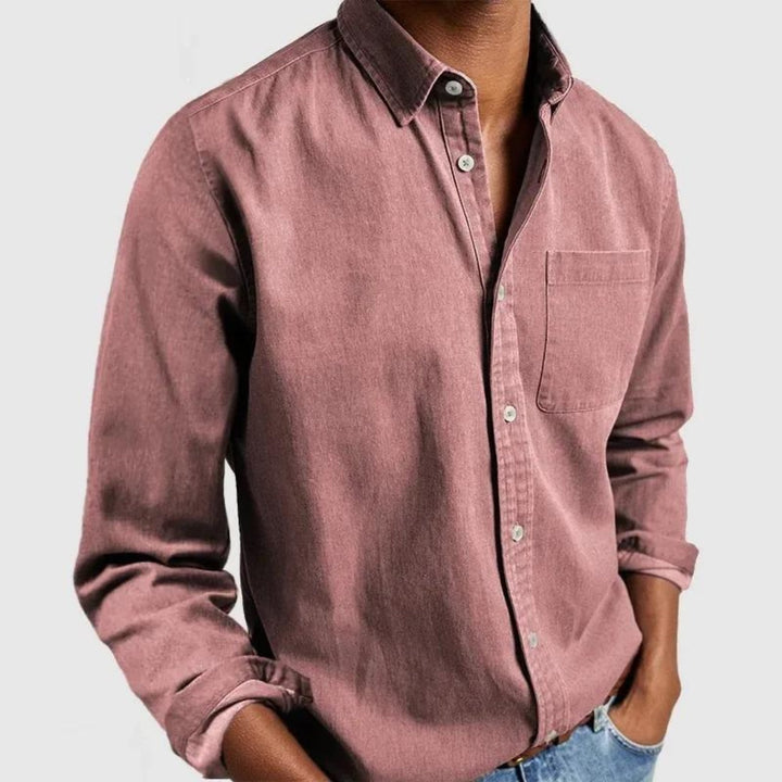 Military shirt in red, front view on model
