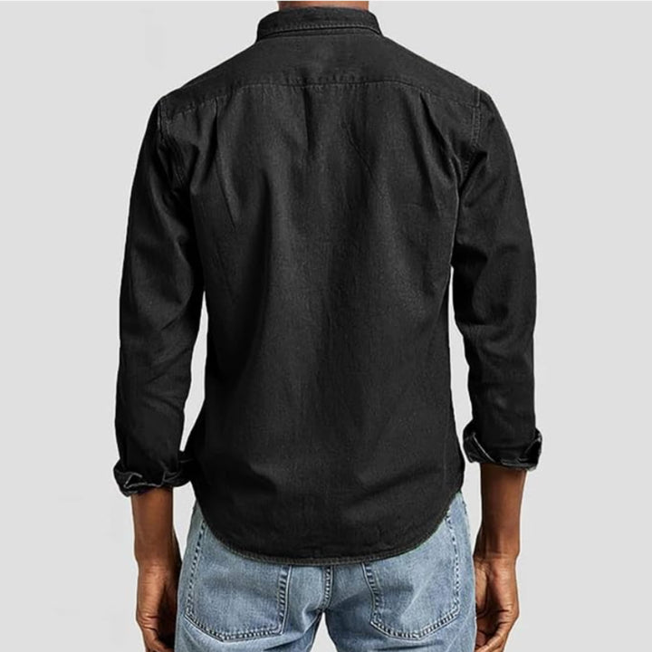 Back view of military shirt in blue showing clean finish