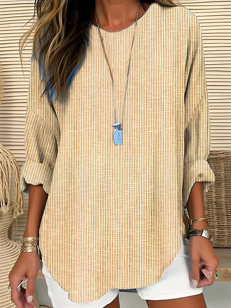 Front view of the Florimay Cecilia striped blouse showing flattering drape and stripe detail