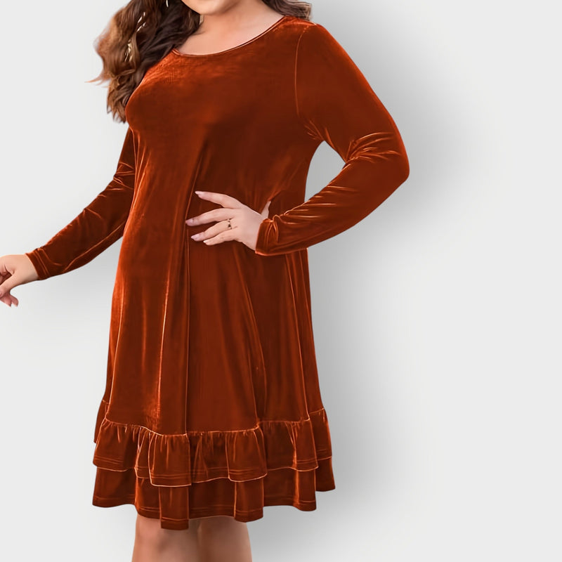 Full-length view of the Celeste Classic Midi Dress styled with heels, highlighting the elongating midi cut