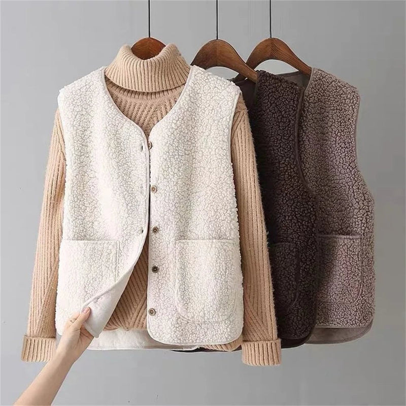 Woman wearing the Celeste soft comfort vest in beige teddy blend with buttoned front