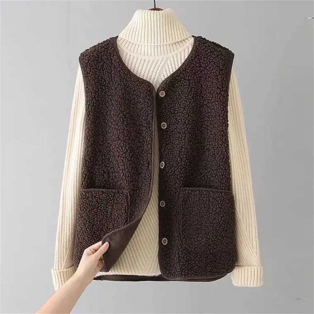 Front view of the Celeste soft comfort vest showing button closure and cozy teddy fabric