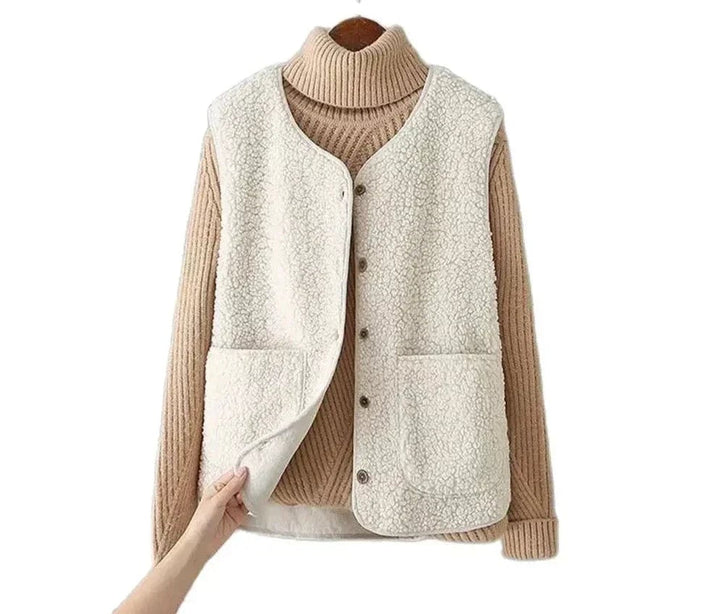 Woman layering the Celeste soft comfort vest over a long-sleeve top in a casual autumn outfit