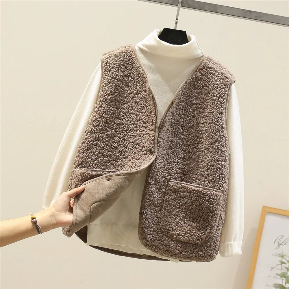 Back view of the Celeste soft comfort vest in beige showing lightweight silhouette