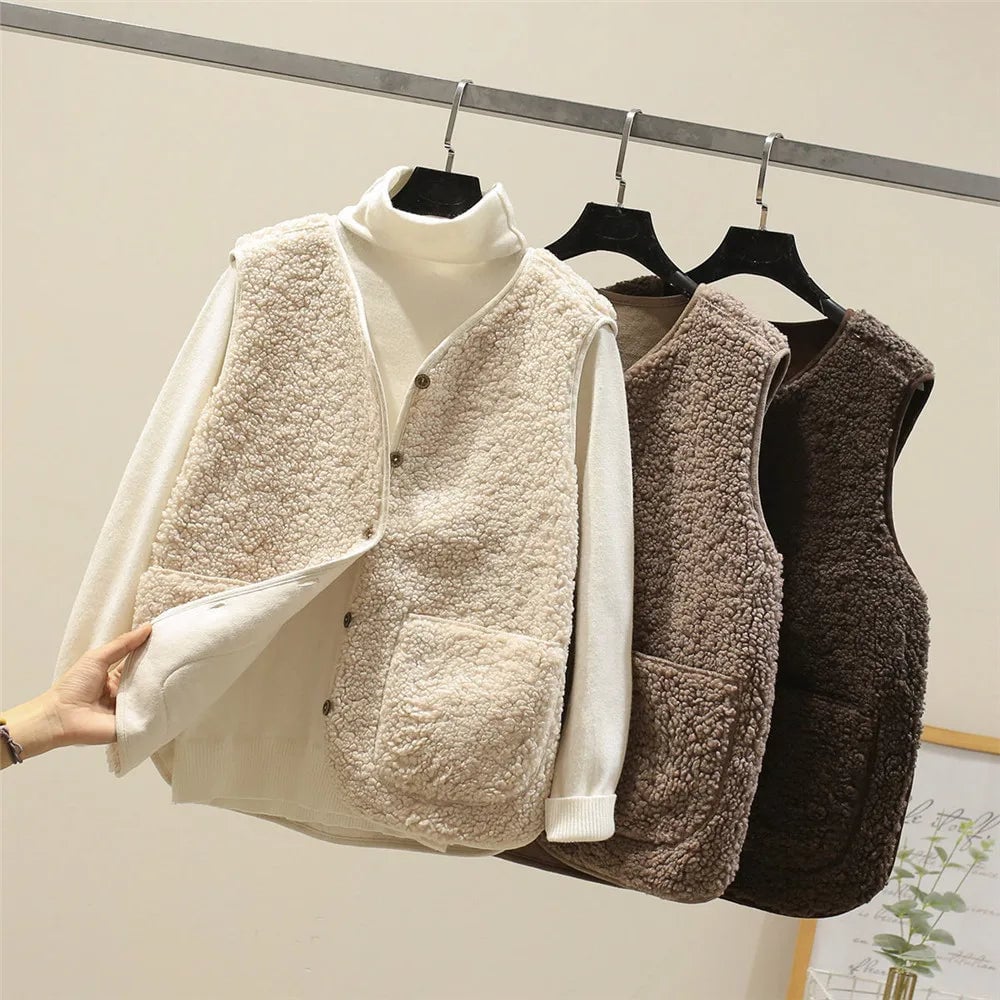Woman smiling in the Celeste soft comfort vest in beige for a cozy winter look