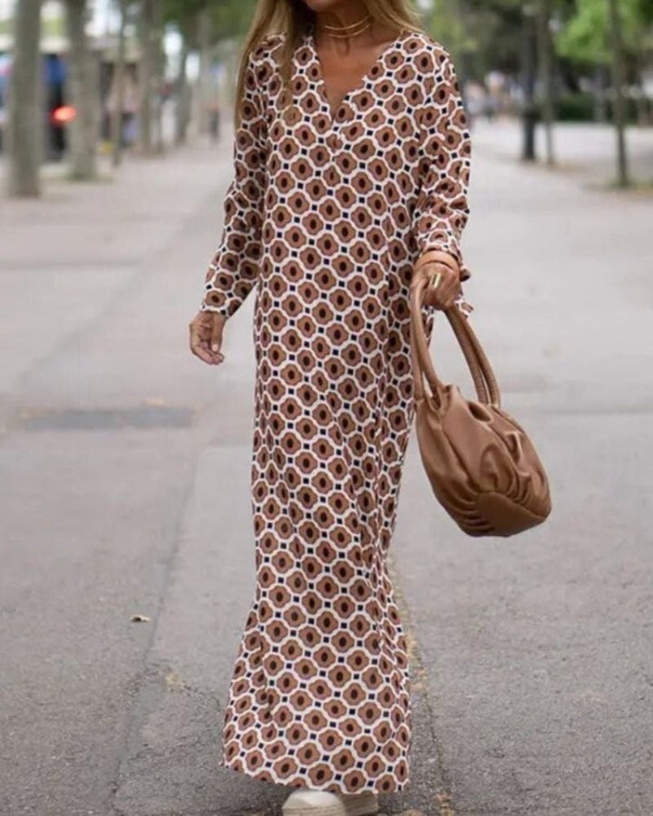 Celeste lace draped dress in brown showing flattering front drape detail