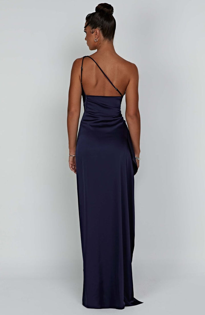Woman in the Celeste rust satin one-shoulder bodycon dress, full-length view