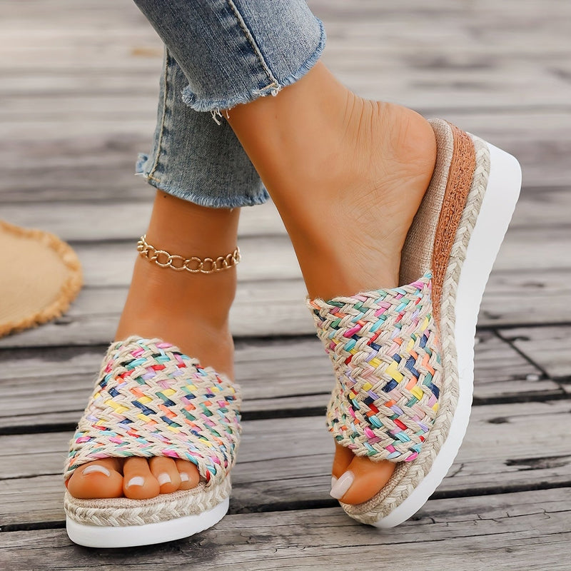 Side view of Celeste woven wedge sandals showing cushioned insole and wedge heel height