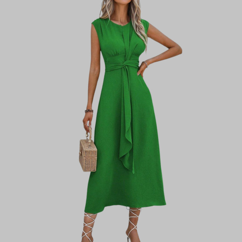 Front view of the Celeste sleeveless belted midi dress in green with a self-tie waist and A-line skirt