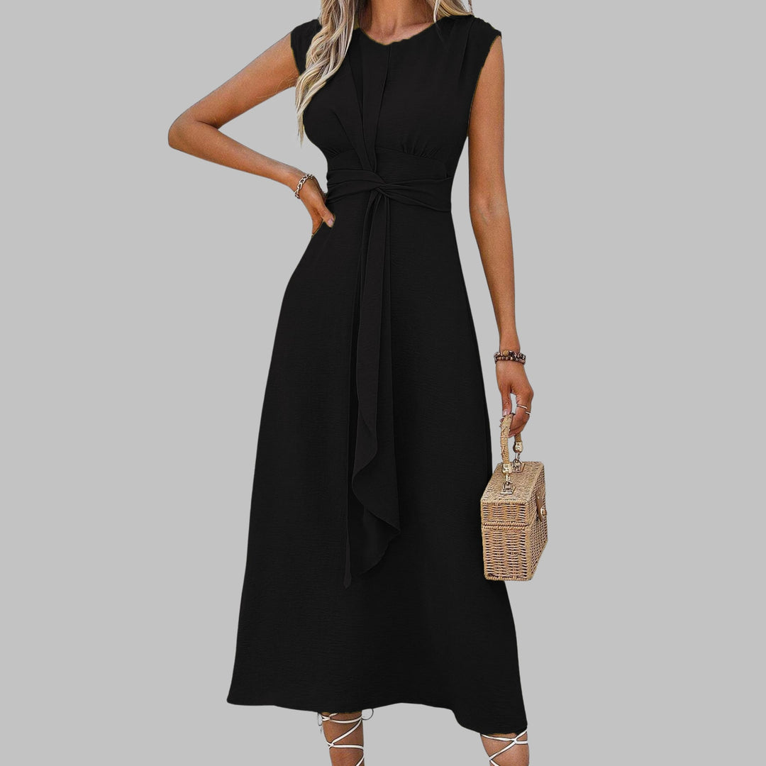 Detail shot of the cap sleeve and shoulder fit on the Celeste A-line midi dress