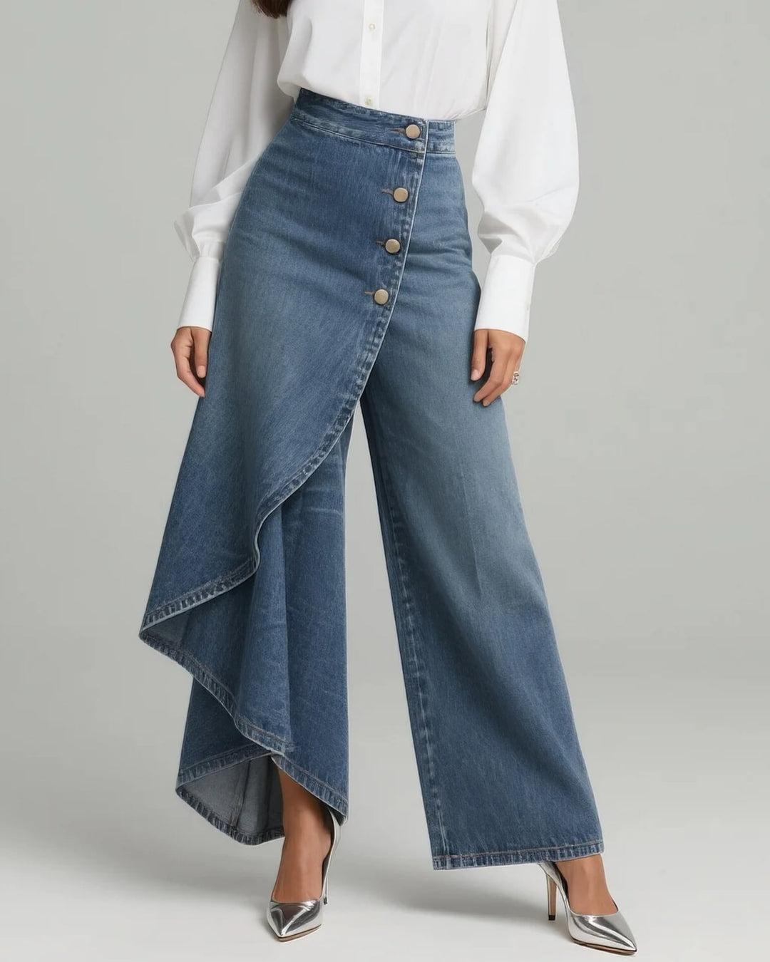 Celeste high waisted wide leg wrap pants in light blue with asymmetrical wrap front and button closure