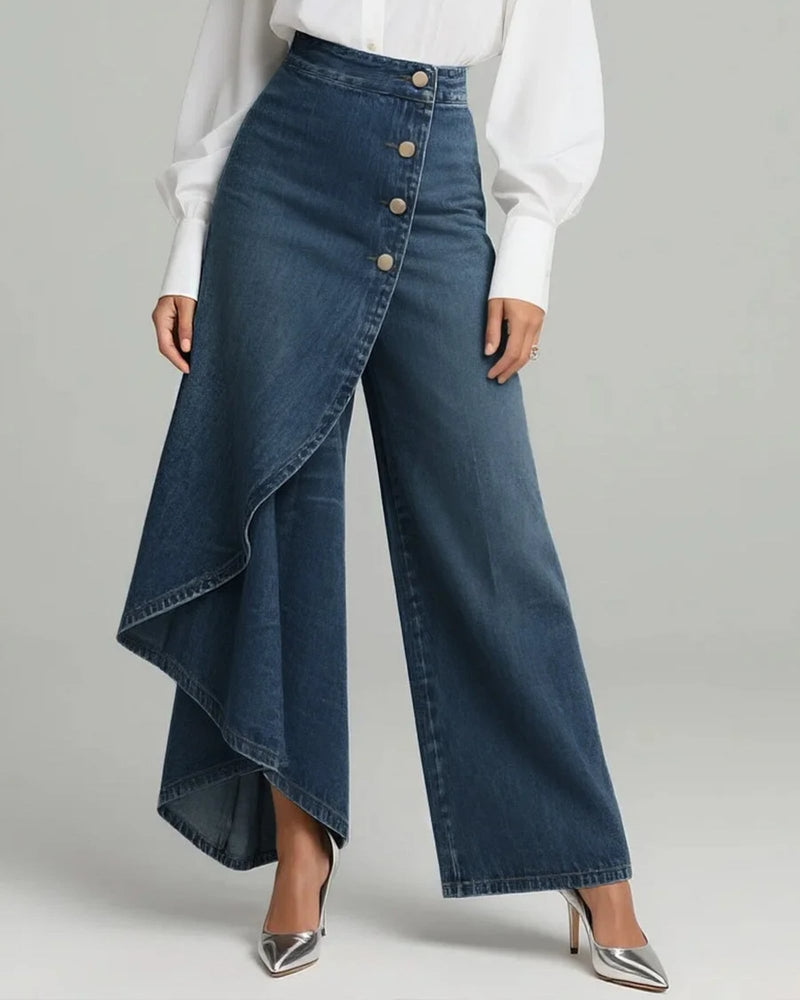 Front view of Celeste wide leg wrap pants in dark blue showing high waist and wrap detail