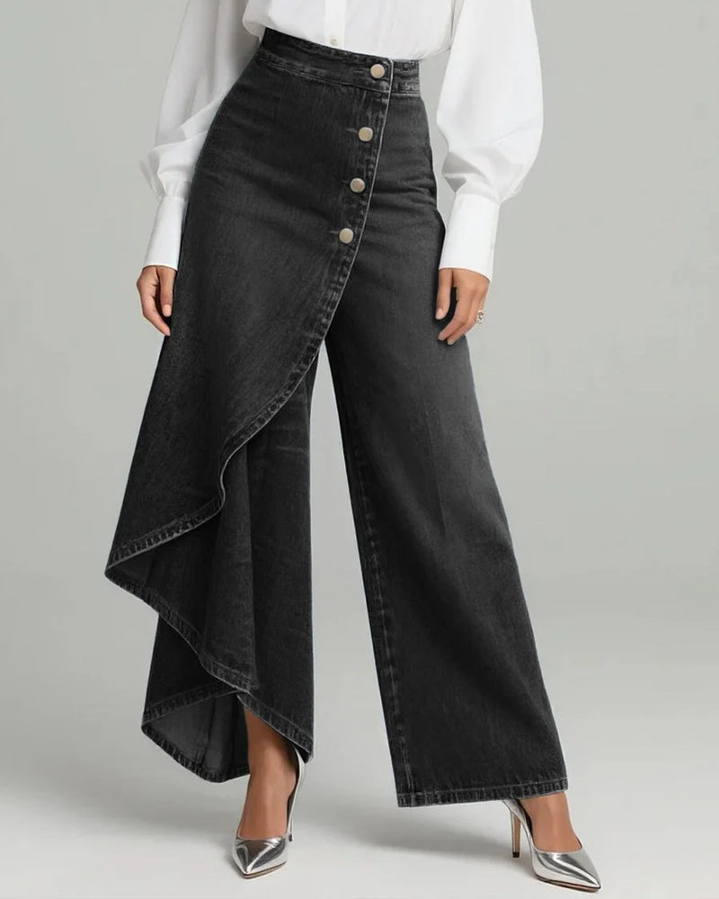 Celeste wide leg wrap pants in black styled with a tucked-in blouse for a polished look