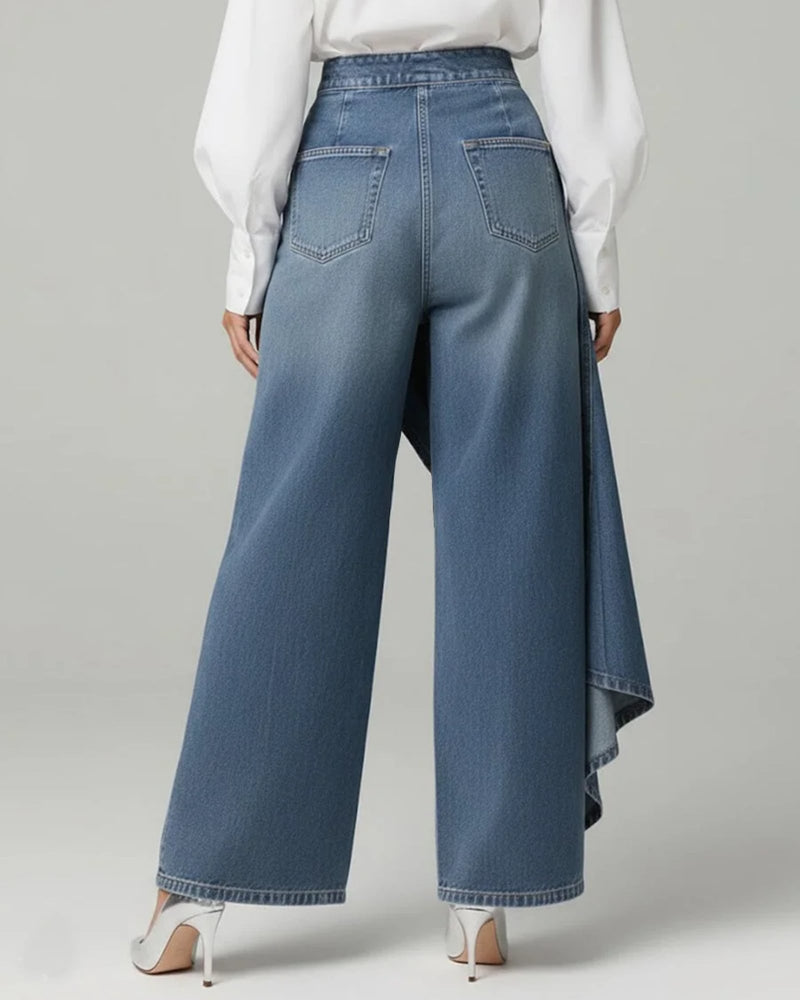 Side view of Celeste high waisted wrap pants in light blue highlighting the wide leg silhouette