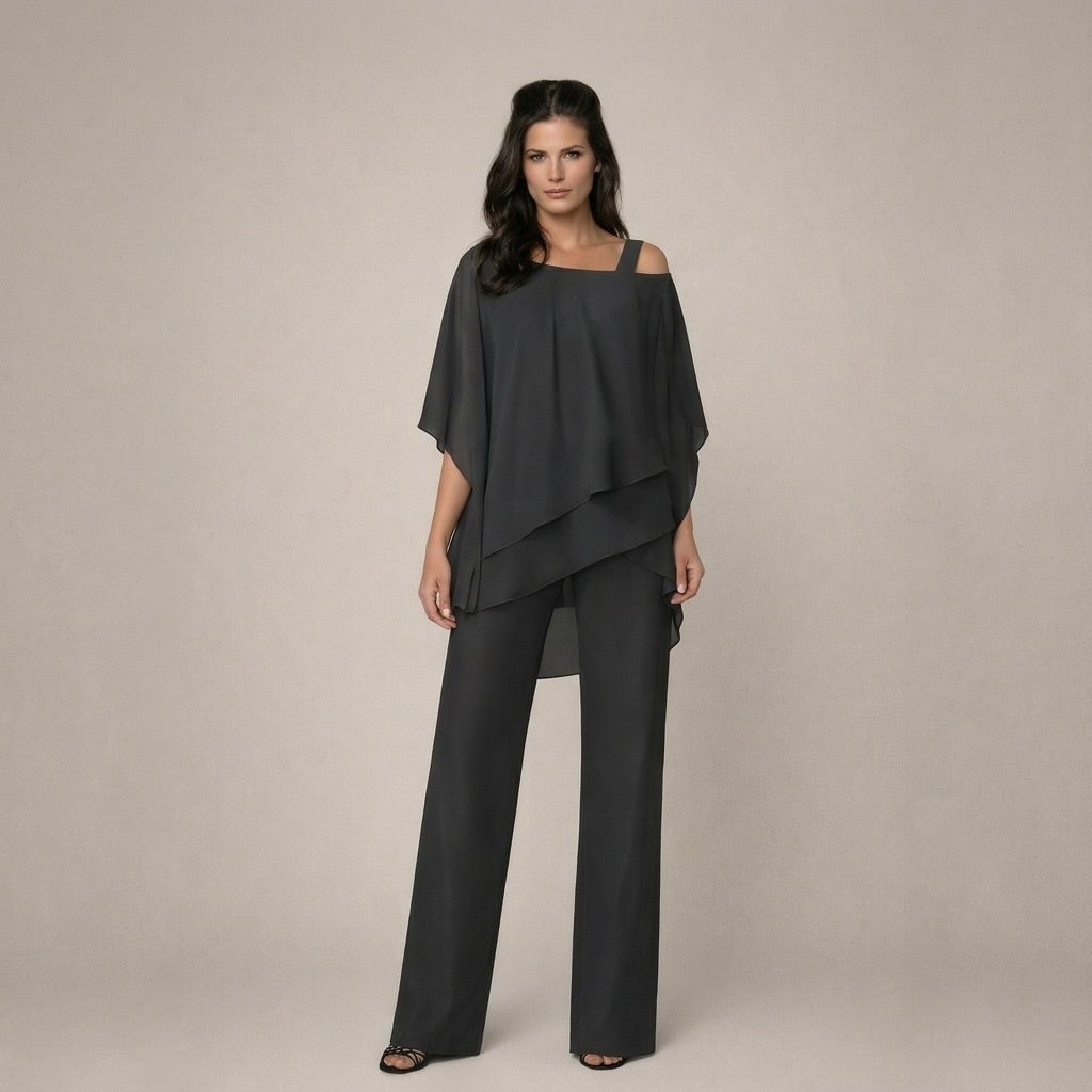 Front view of the Celeste black off shoulder wide leg pants set showing asymmetric draping detail